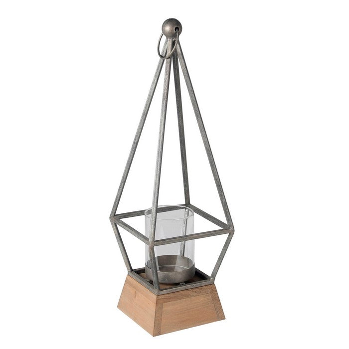 Contemporary Pyramidal Shaped Wood and Metal Lantern, Silver and Brown
