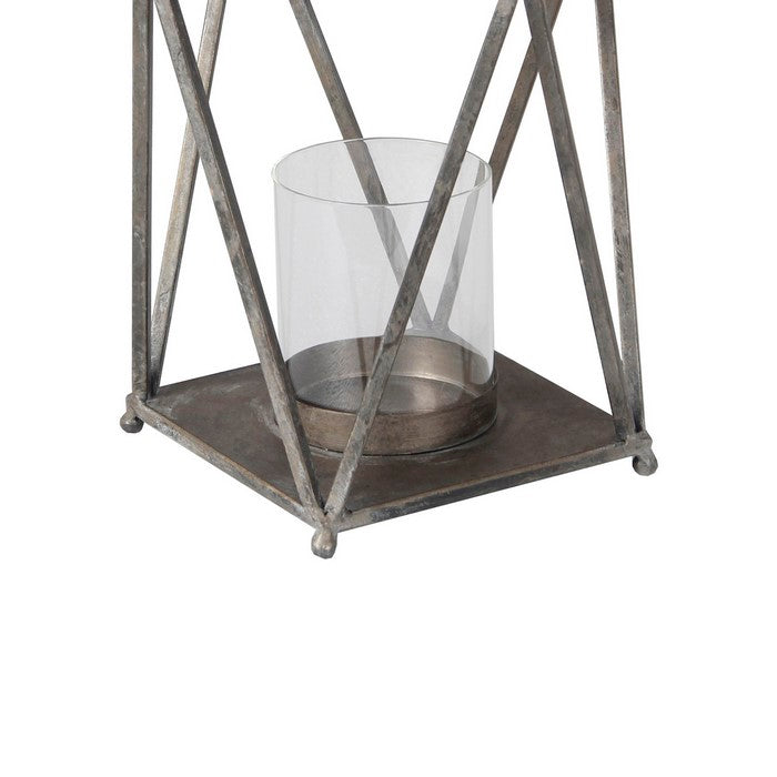 Contemporary Metal Lantern with Glass Hurricane, Small, Gray
