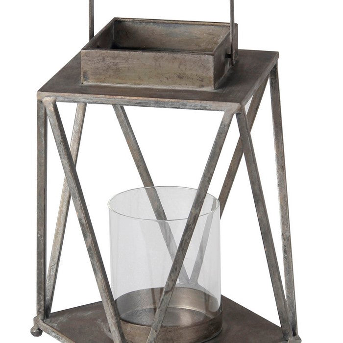 Contemporary Metal Lantern with Glass Hurricane, Small, Gray