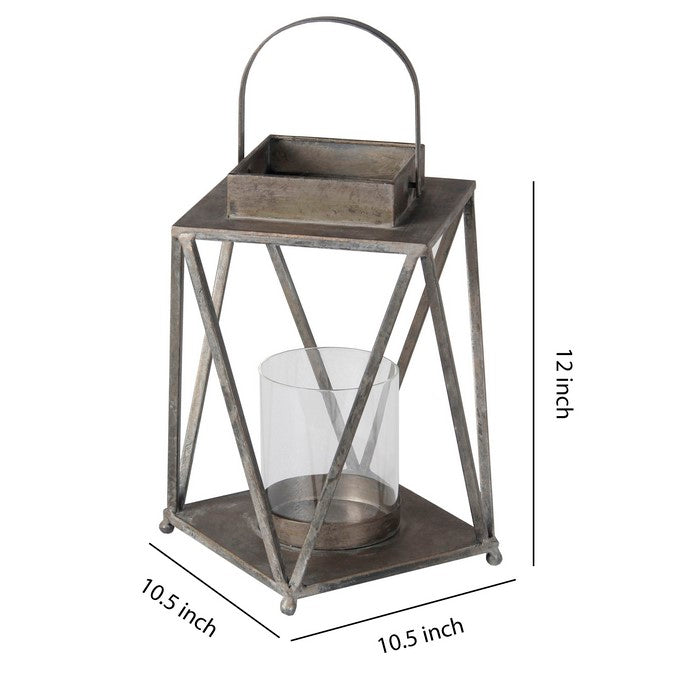 Contemporary Metal Lantern with Glass Hurricane, Small, Gray