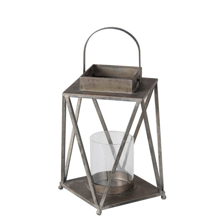 Contemporary Metal Lantern with Glass Hurricane, Small, Gray