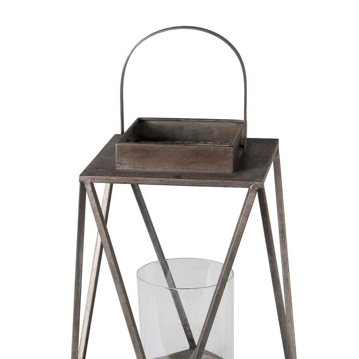 Contemporary Metal Lantern with Glass Hurricane, Large, Gray