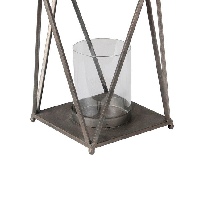 Contemporary Metal Lantern with Glass Hurricane, Large, Gray
