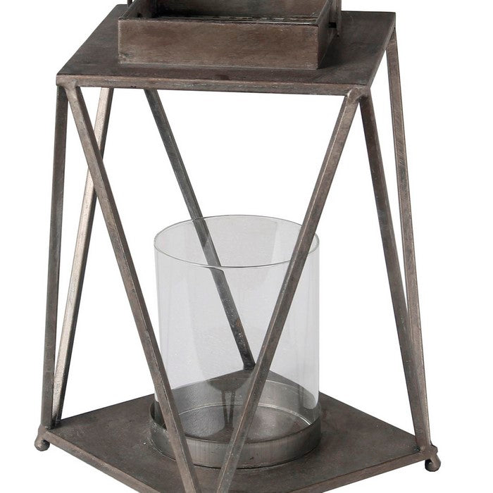 Contemporary Metal Lantern with Glass Hurricane, Large, Gray