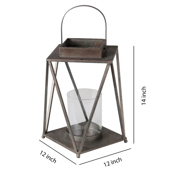 Contemporary Metal Lantern with Glass Hurricane, Large, Gray