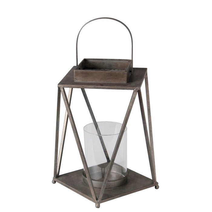 Contemporary Metal Lantern with Glass Hurricane, Large, Gray