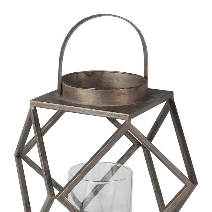 Contemporary Metal and Glass Lantern with Geometric Details, Silver