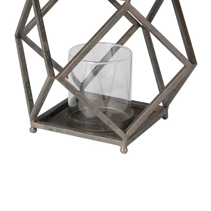 Contemporary Metal and Glass Lantern with Geometric Details, Silver
