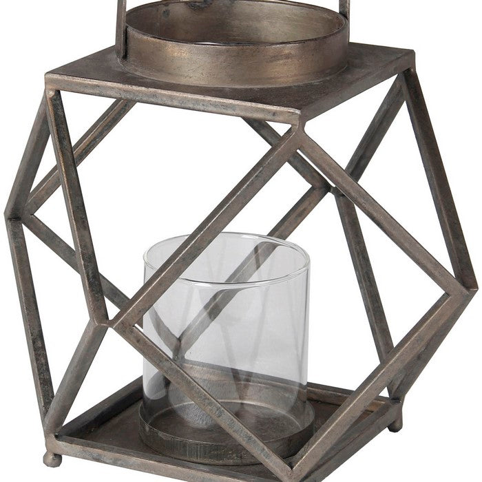 Contemporary Metal and Glass Lantern with Geometric Details, Silver