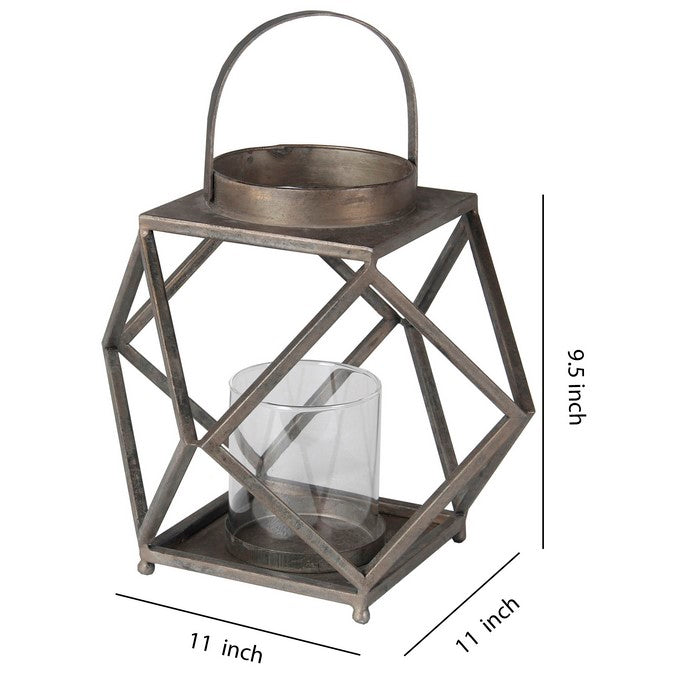 Contemporary Metal and Glass Lantern with Geometric Details, Silver