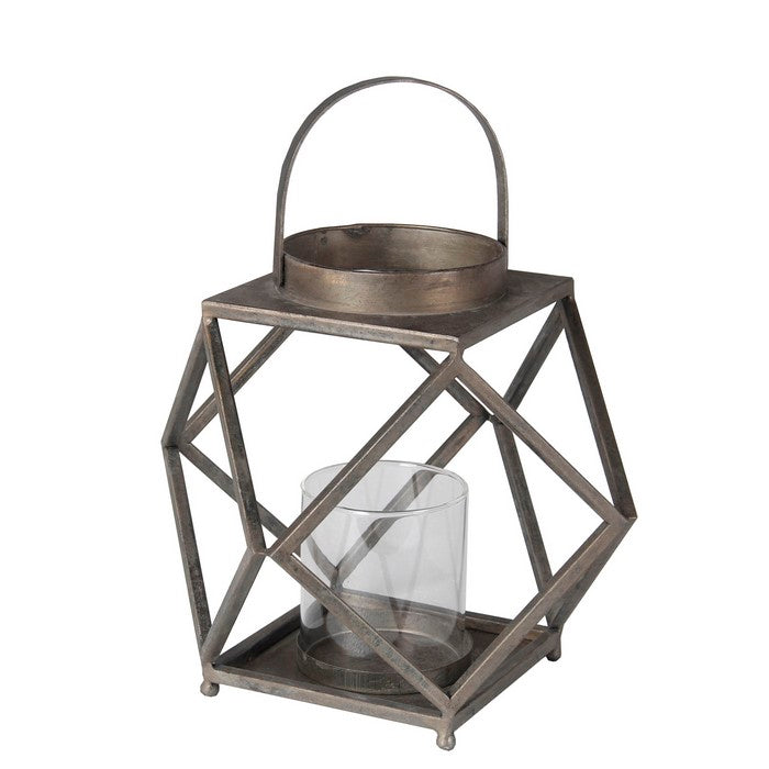 Contemporary Metal and Glass Lantern with Geometric Details, Silver