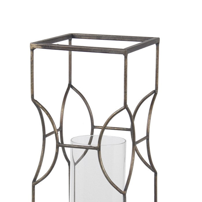 Wood and Metal Lantern with Geometric Details, Gray and Brown