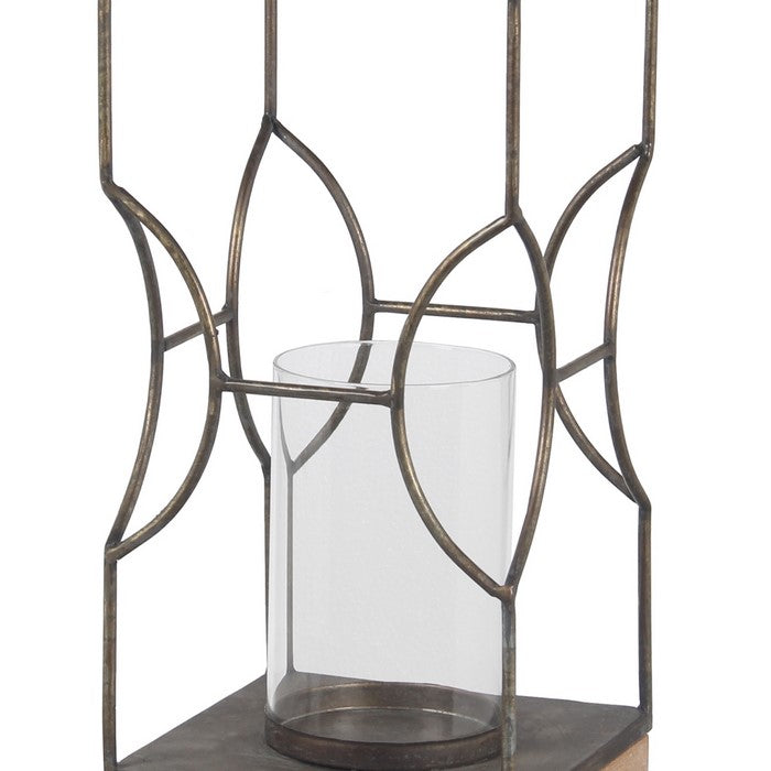 Wood and Metal Lantern with Geometric Details, Gray and Brown