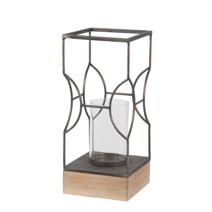 Wood and Metal Lantern with Geometric Details, Gray and Brown
