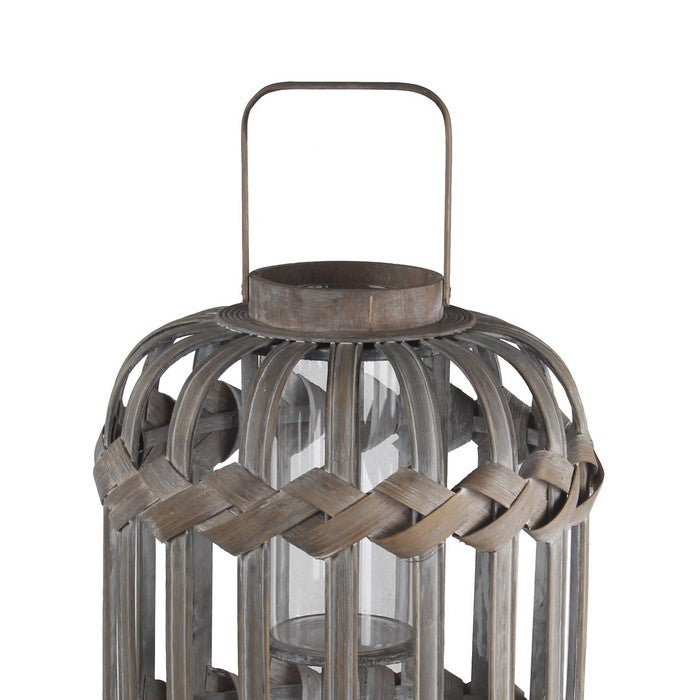 Traditional Style Drum Shaped Bamboo and Glass Lantern, Gray