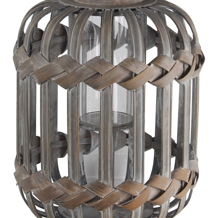 Traditional Style Drum Shaped Bamboo and Glass Lantern, Gray