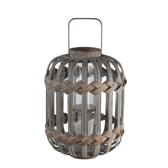 Traditional Style Drum Shaped Bamboo and Glass Lantern, Gray
