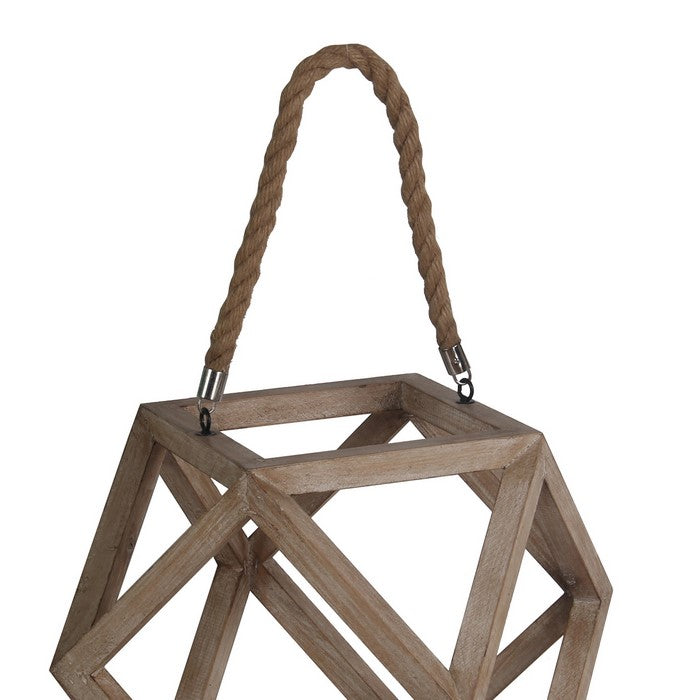 Transitional Style Hexagonal Shaped Wood and Metal Lantern, Brown