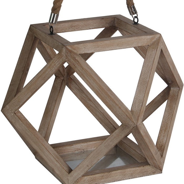 Transitional Style Hexagonal Shaped Wood and Metal Lantern, Brown
