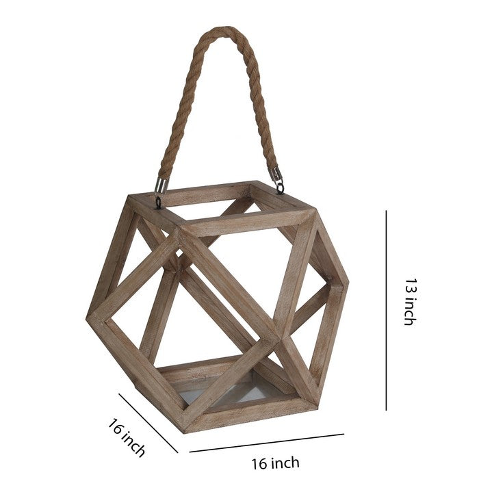 Transitional Style Hexagonal Shaped Wood and Metal Lantern, Brown