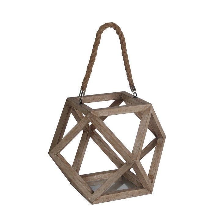 Transitional Style Hexagonal Shaped Wood and Metal Lantern, Brown