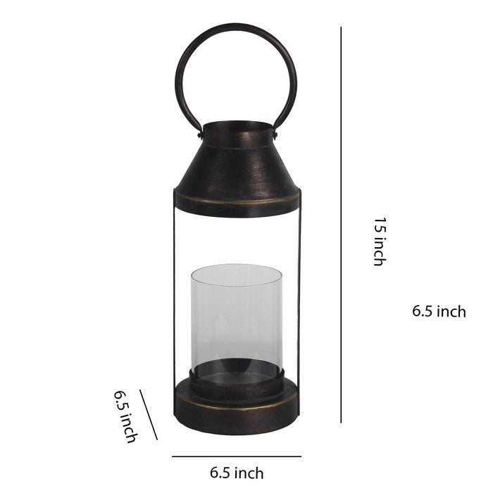 Transitional Style Metal and Glass Lantern, Small, Espresso