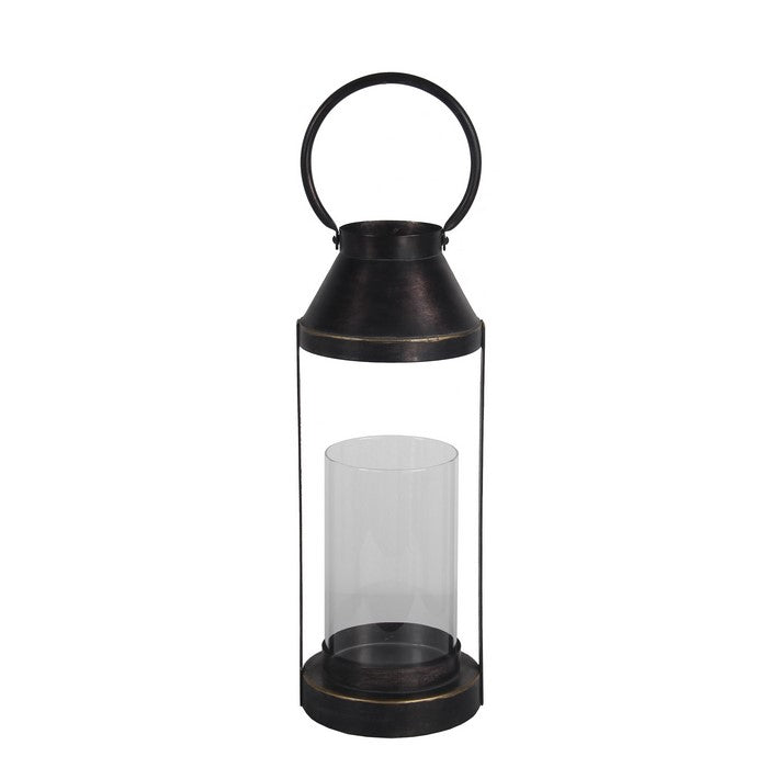 Transitional Style Metal and Glass Lantern, Large, Espresso