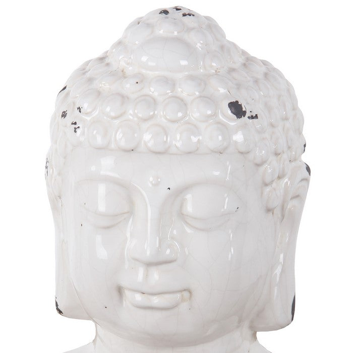 Antique Buddha Sculpture with Ushnisha and Distressed Details, White