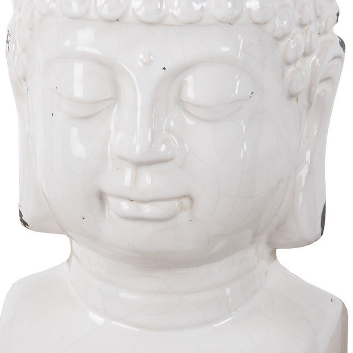 Antique Buddha Sculpture with Ushnisha and Distressed Details, White