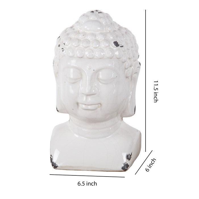 Antique Buddha Sculpture with Ushnisha and Distressed Details, White