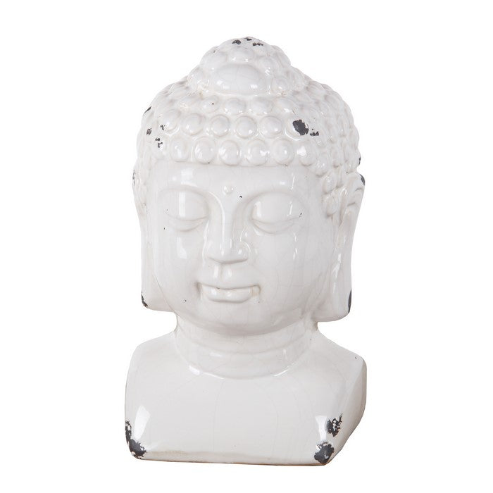 Antique Buddha Sculpture with Ushnisha and Distressed Details, White