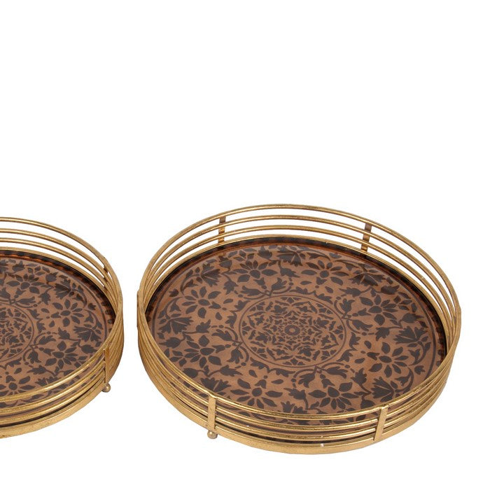 2 Piece Transitional Style Metal and Glass Decorative Trays, Gold