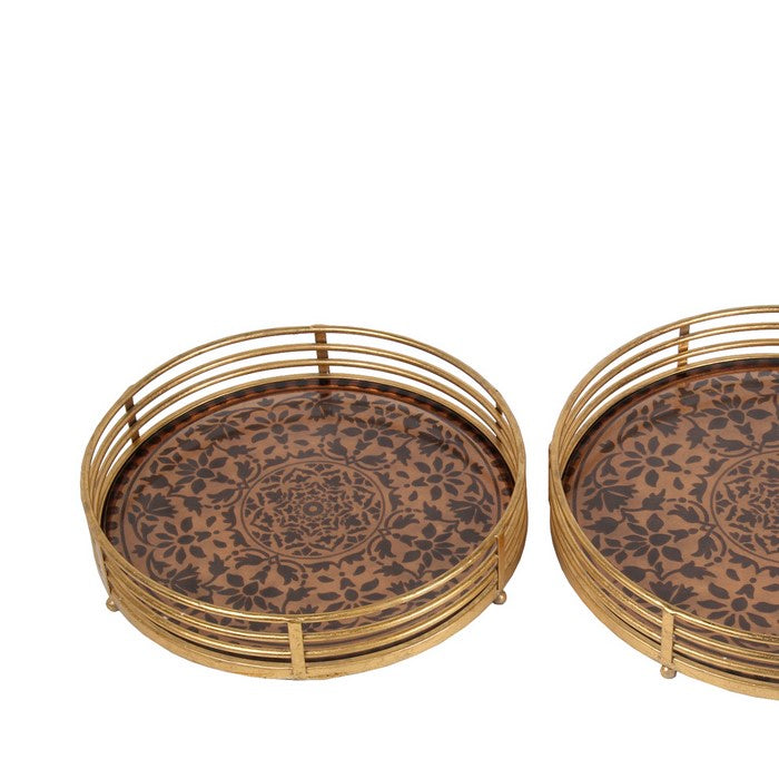 2 Piece Transitional Style Metal and Glass Decorative Trays, Gold