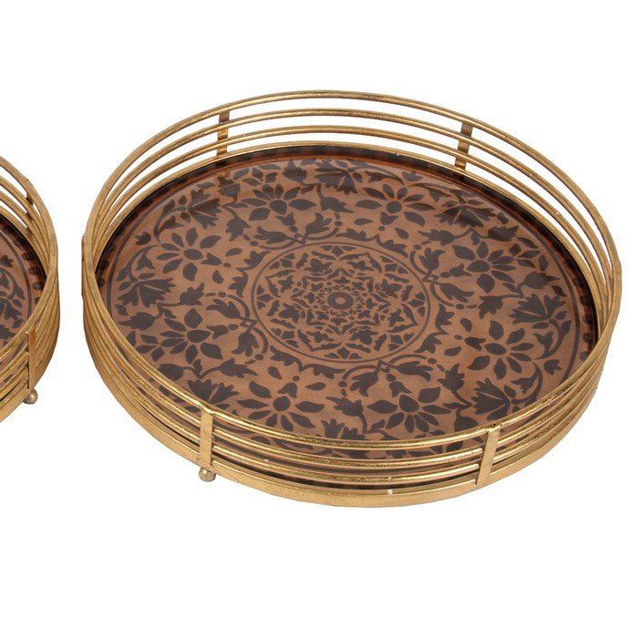 2 Piece Transitional Style Metal and Glass Decorative Trays, Gold