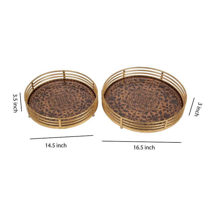 2 Piece Transitional Style Metal and Glass Decorative Trays, Gold