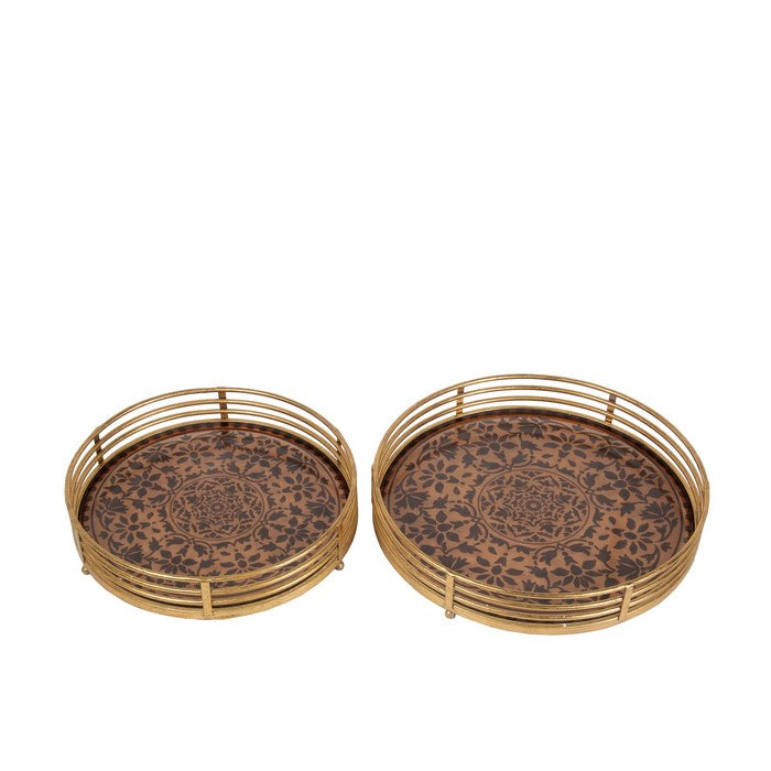 2 Piece Transitional Style Metal and Glass Decorative Trays, Gold