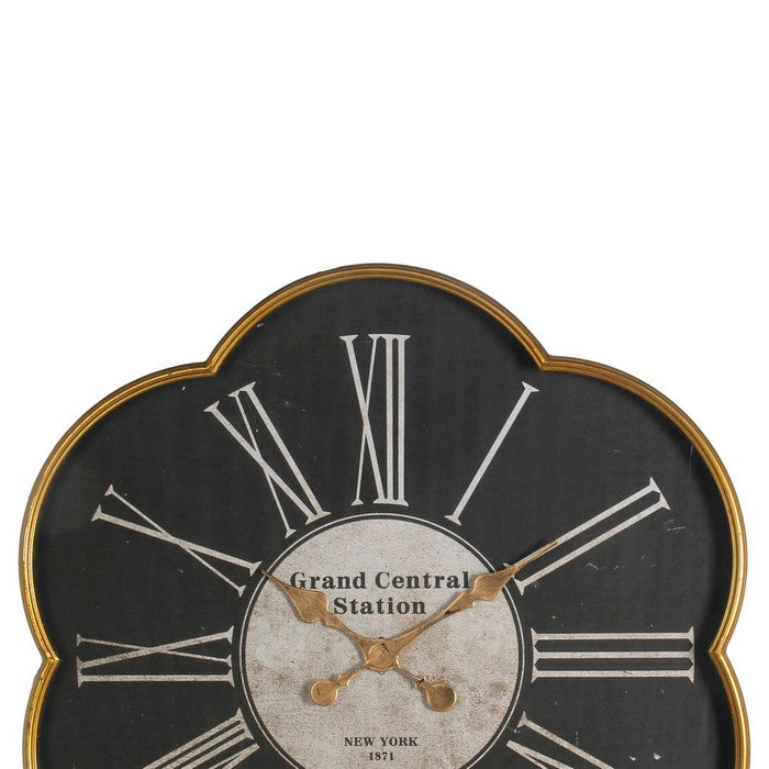 Scallop Shaped  Metal Wall Clock with Roman Numerals, Black and Gold
