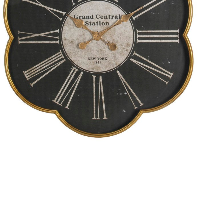 Scallop Shaped  Metal Wall Clock with Roman Numerals, Black and Gold