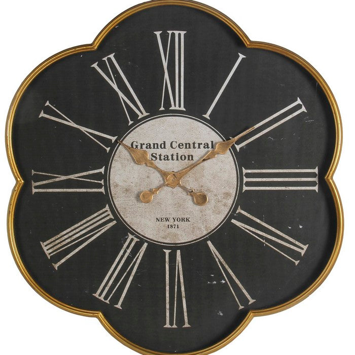 Scallop Shaped  Metal Wall Clock with Roman Numerals, Black and Gold