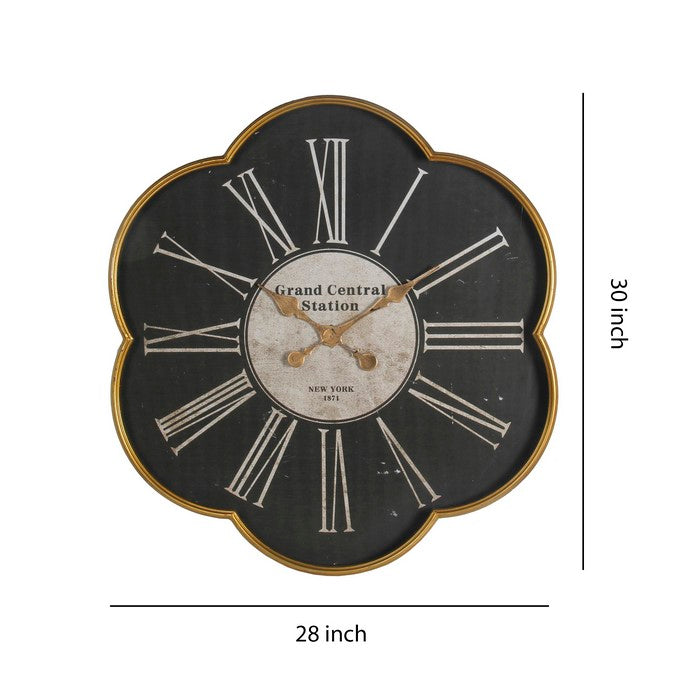 Scallop Shaped  Metal Wall Clock with Roman Numerals, Black and Gold