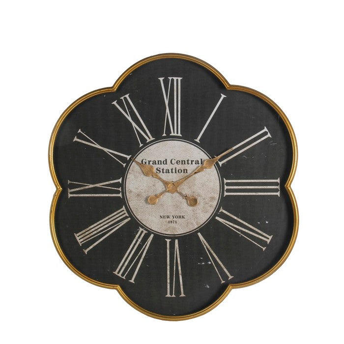Scallop Shaped  Metal Wall Clock with Roman Numerals, Black and Gold