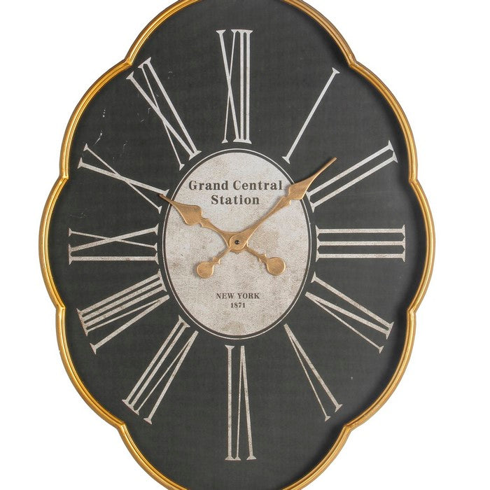 Mid Century Modern Metal Wall Clock with Roman Numeral, Black and Gold