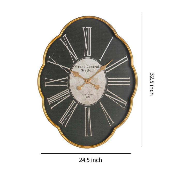 Mid Century Modern Metal Wall Clock with Roman Numeral, Black and Gold
