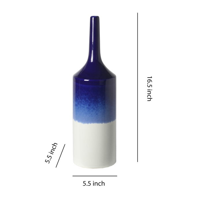 Contemporary Style Ceramic Vase with Drip Painting, Blue and White