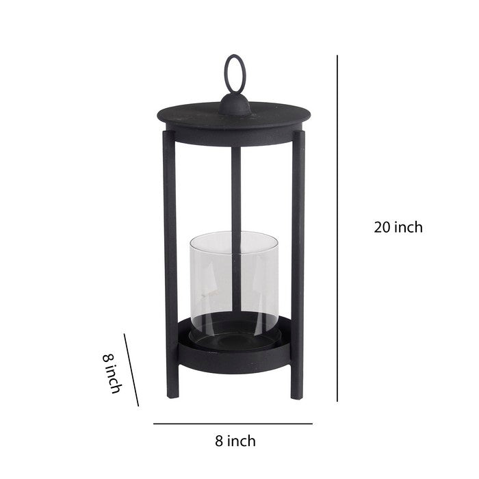 Transitional Style Metal Lantern with Glass Hurricane, Small, Gray