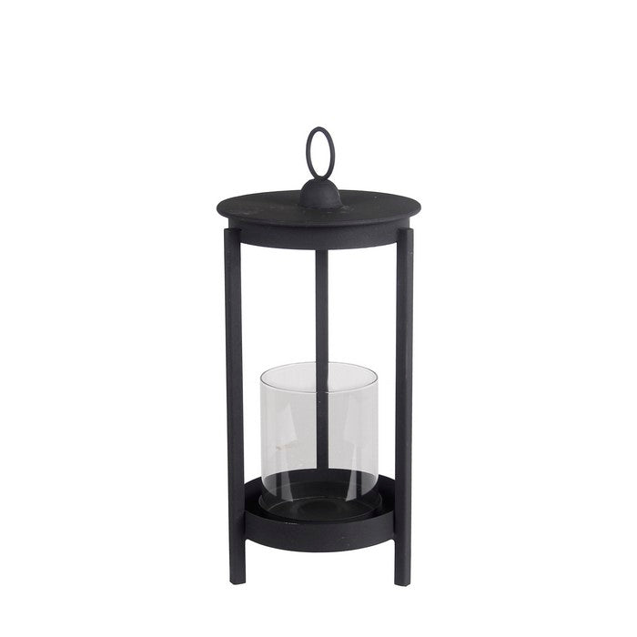 Transitional Style Metal Lantern with Glass Hurricane, Small, Gray