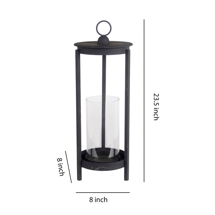 Transitional Style Metal Lantern with Glass Hurricane, Large, Gray