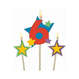 Party Time Stars and Number 6 Celebration Candle on a Stick, Pack of 3, Multi , 7" Wax