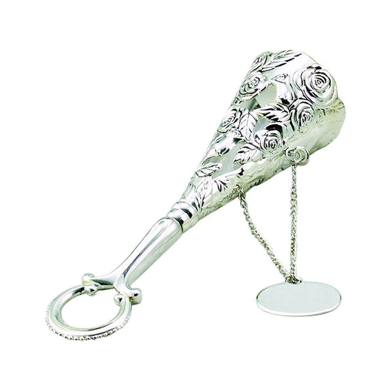 FLORAL TUSSIE MUSSIE WITH PLATE - FLORAL TUSSIE MUSSIE W/ ENG. PLATE, SILVER PLATED.