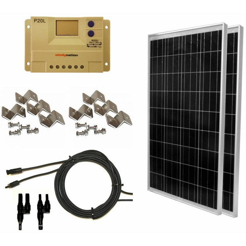 WindyNation 200 Watt (2pcs 100 Watt) Solar Panel Complete Off-Grid RV Boat Kit with LCD PWM Charge Controller Solar Cable MC4 Connectors Mounting Brackets